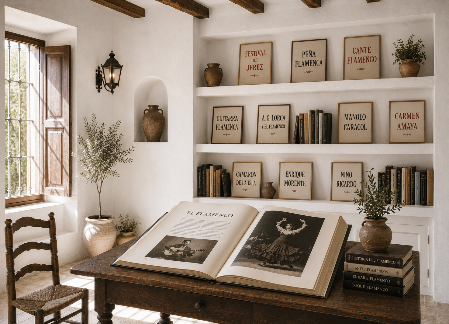 Biblioteca andaluza de paredes encaladas con estanterías dedicadas al flamenco y un gran libro abierto sobre una mesa de madera, representando la investigación y conservación del patrimonio flamenco.