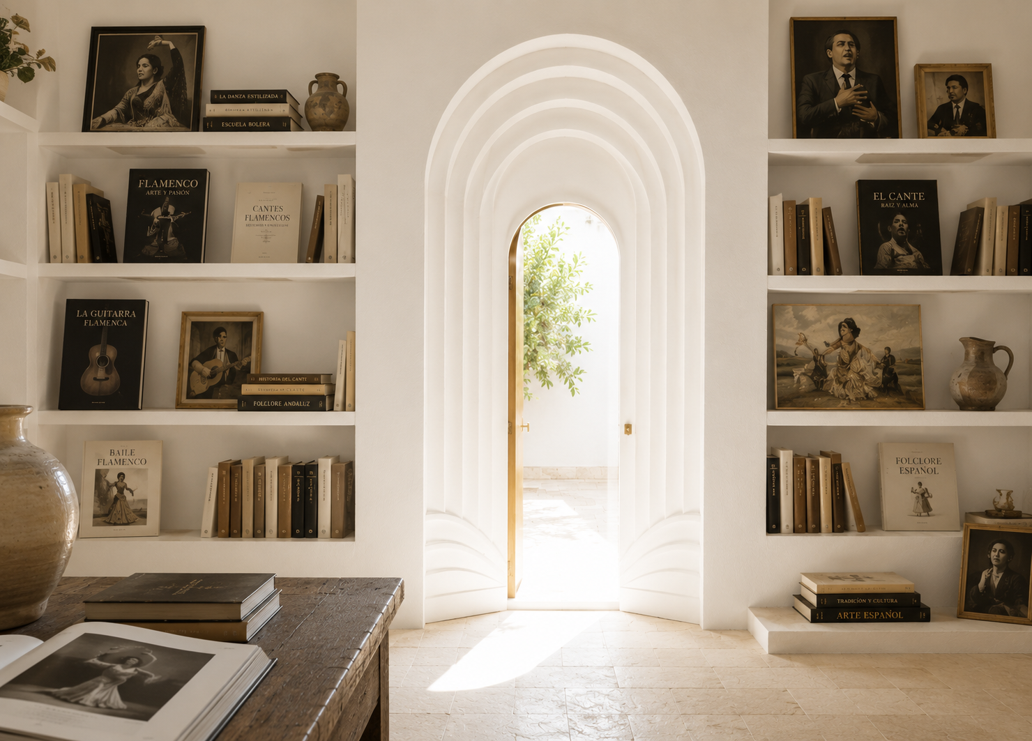Interior de una biblioteca andaluza minimalista con paredes blancas, estanterías repletas de libros sobre flamenco, danza española y folclore, junto a una puerta arqueada inspirada en el logotipo de Memoria del Arte.