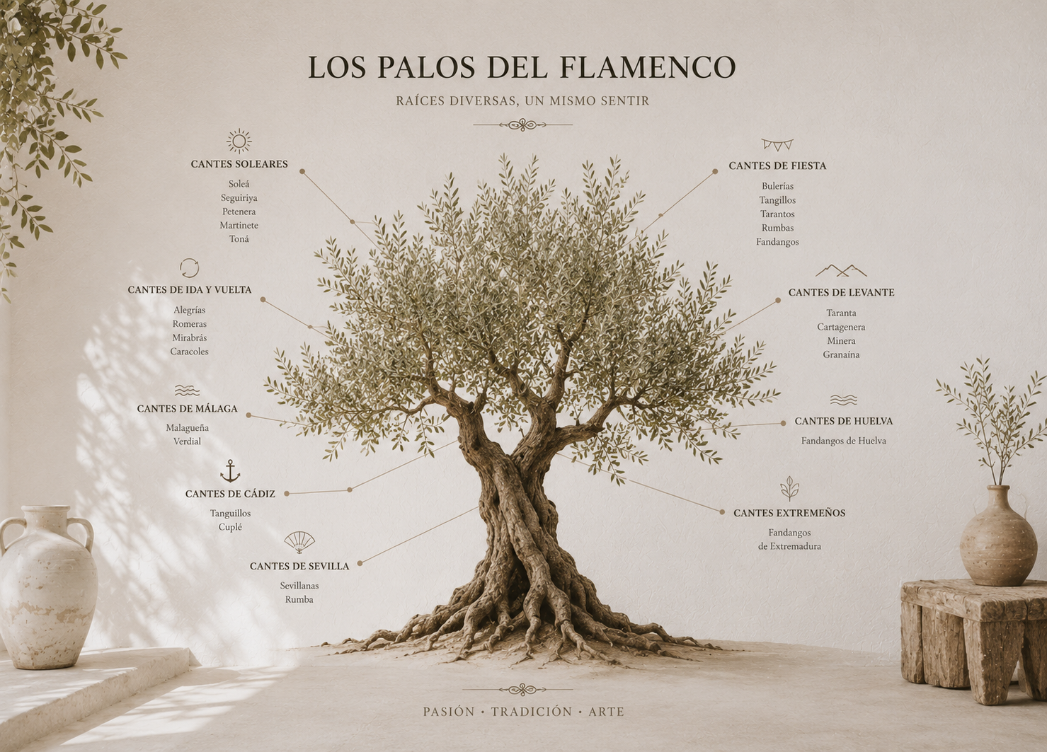 Olivo representando el árbol de los palos del flamenco, con sus principales familias de cantes, en una composición minimalista de inspiración andaluza.