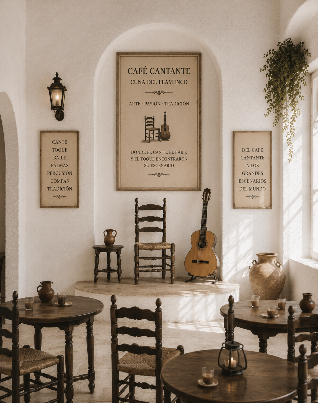 Interior de un café cantante de inspiración andaluza con escenario, guitarra flamenca, mesas tradicionales y carteles dedicados a la historia del flamenco.
