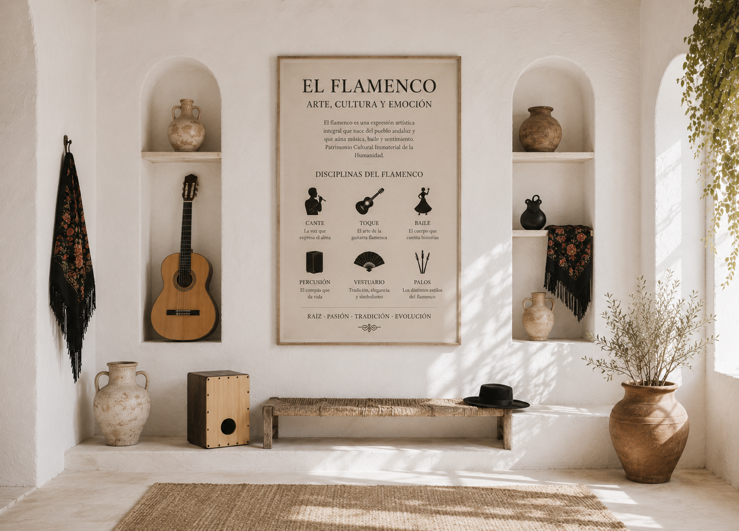 Espacio expositivo de inspiración andaluza con guitarra flamenca, cajón, mantón y un panel dedicado a las disciplinas que integran el flamenco.