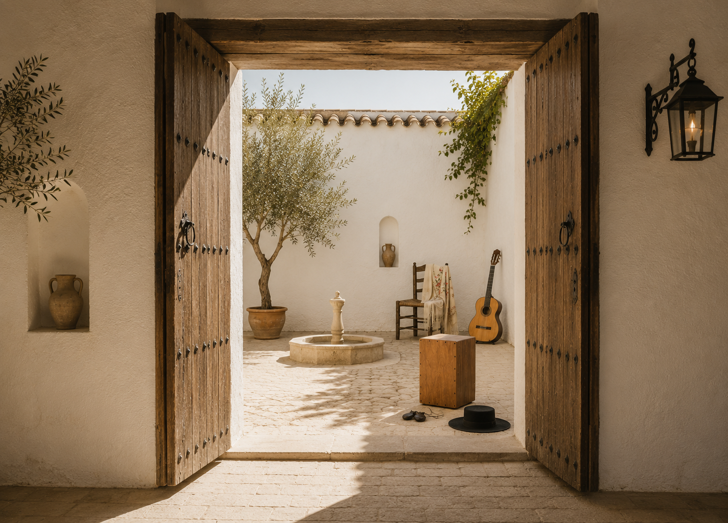 Zaguán andaluz con una gran puerta de madera abierta hacia un patio encalado donde descansan una guitarra flamenca, un cajón, una silla de enea y un mantón de Manila.