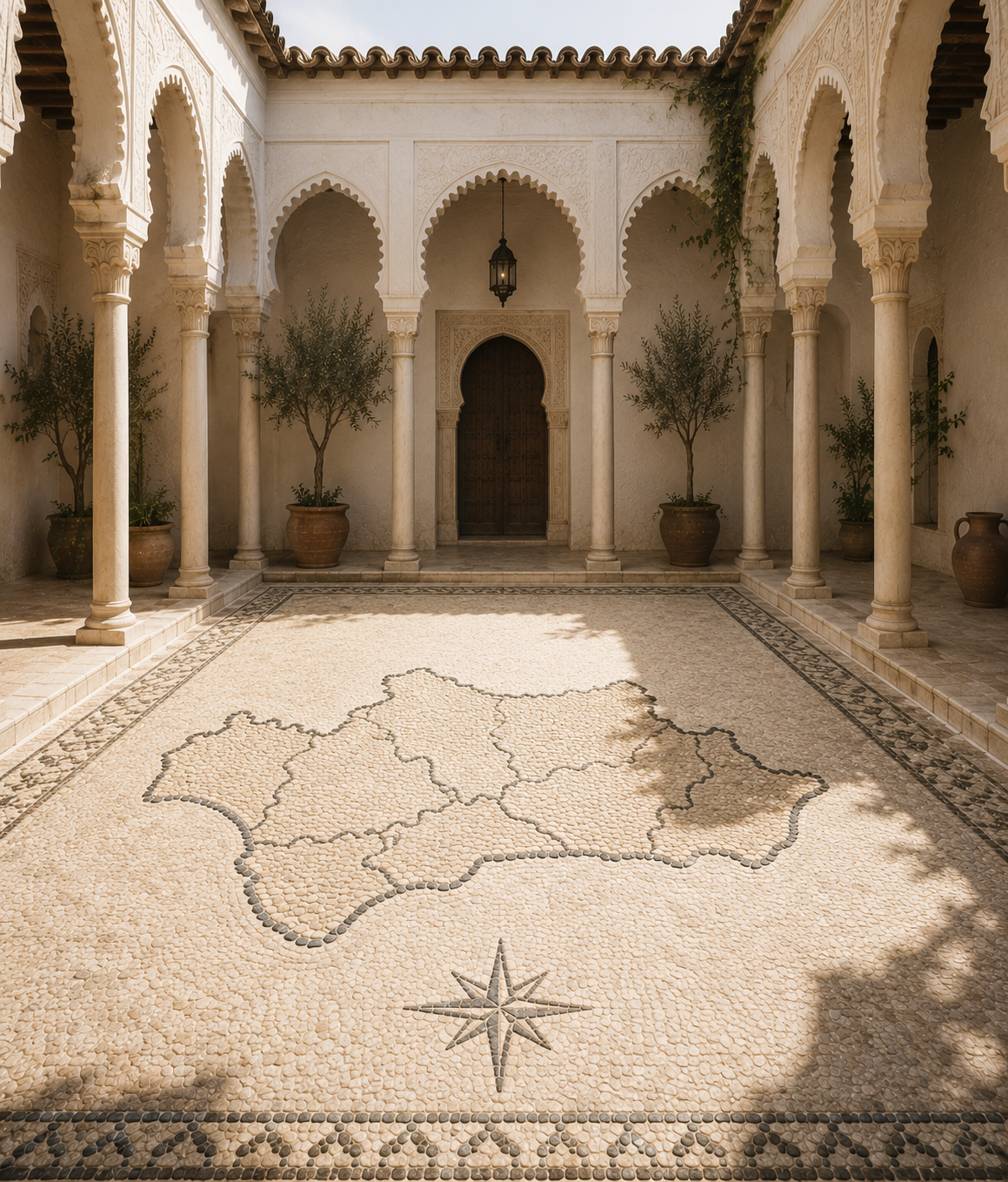 Patio de inspiración andalusí con columnas de estilo califal y un mosaico de piedra en el suelo que representa el mapa de Andalucía dividido en sus ocho provincias.