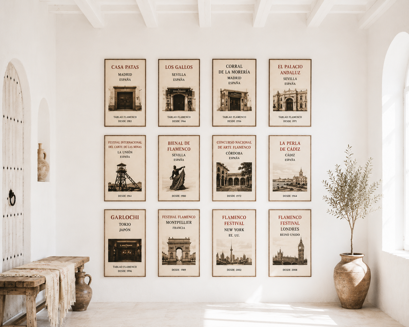Sala de inspiración andaluza con una colección de carteles dedicados a algunos de los tablaos y festivales flamencos más representativos de España y del mundo.