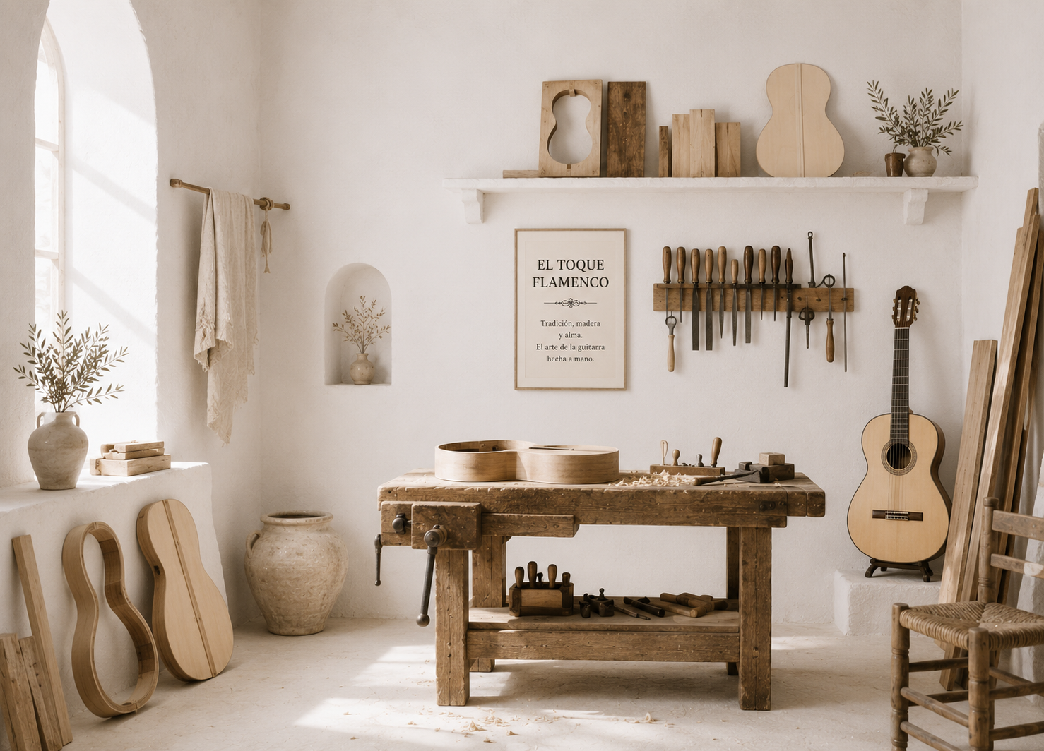 Atelier de luthería de estilo andaluz con guitarras flamencas en construcción, herramientas tradicionales y banco de trabajo, en una composición minimalista de tonos blancos y madera natural.