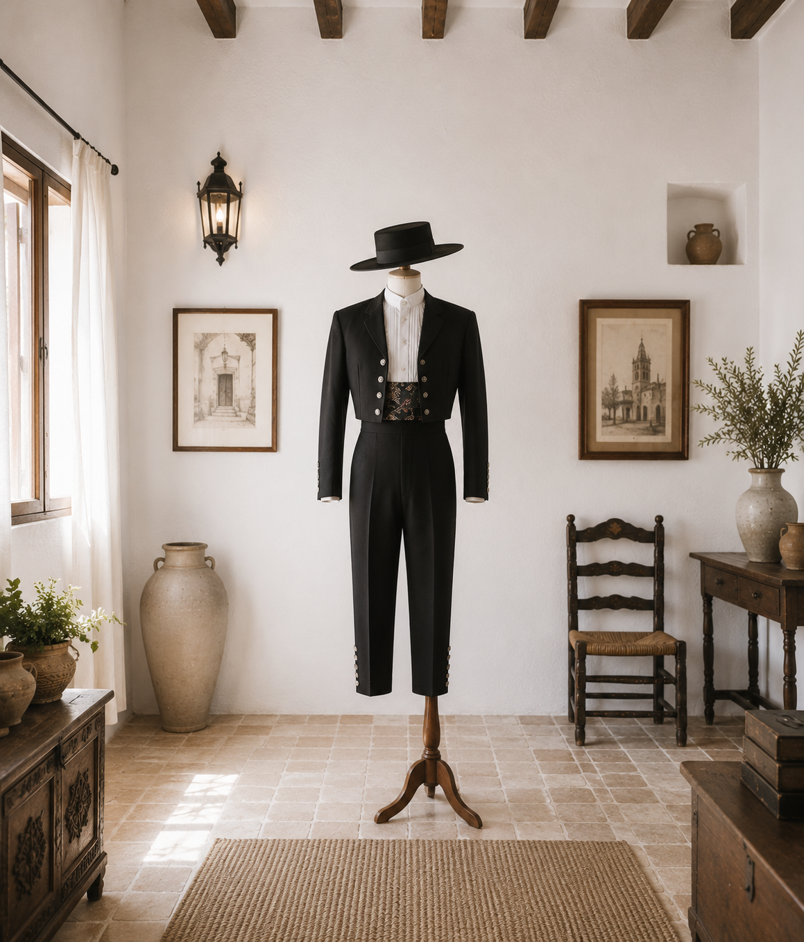 Maniquí con traje corto tradicional y sombrero cordobés en una estancia andaluza de paredes encaladas, representando el vestuario clásico del bailaor flamenco.