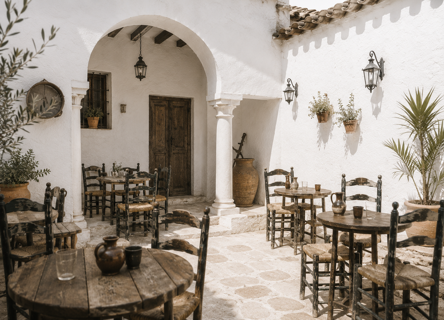 Antiguo café cantante andaluz de paredes encaladas con mesas y sillas de madera, iluminado por luz natural, en una recreación histórica de la Andalucía del siglo XIX.