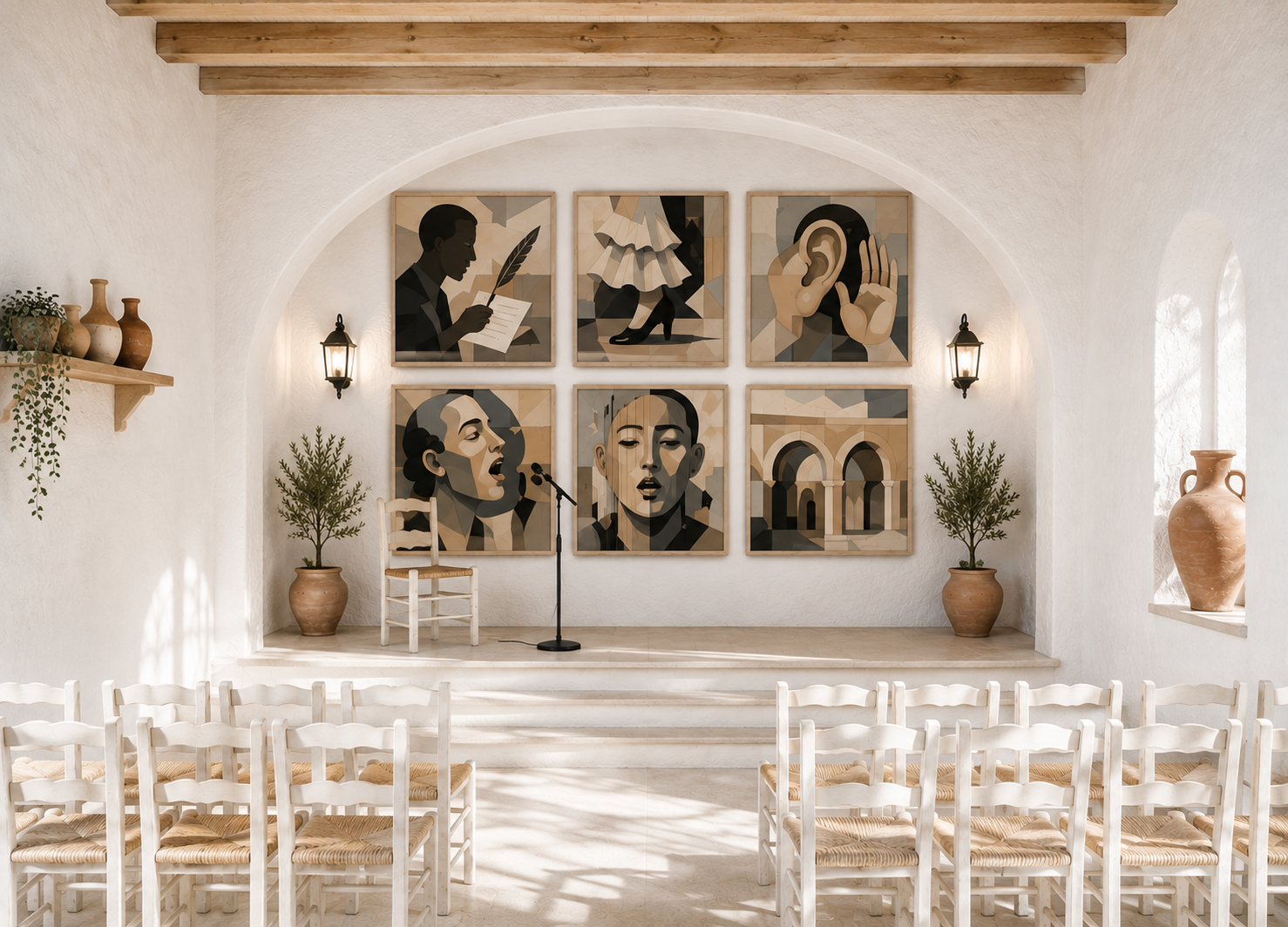 Sala andaluza blanca con seis cuadros de inspiración cubista relacionados con distintos aspectos del cante flamenco.