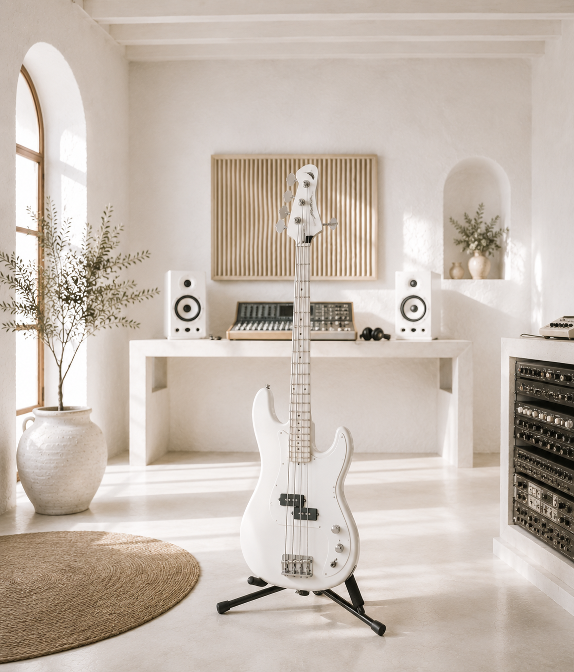 Bajo eléctrico blanco en un estudio de grabación de inspiración andaluza con paredes blancas y equipo musical.