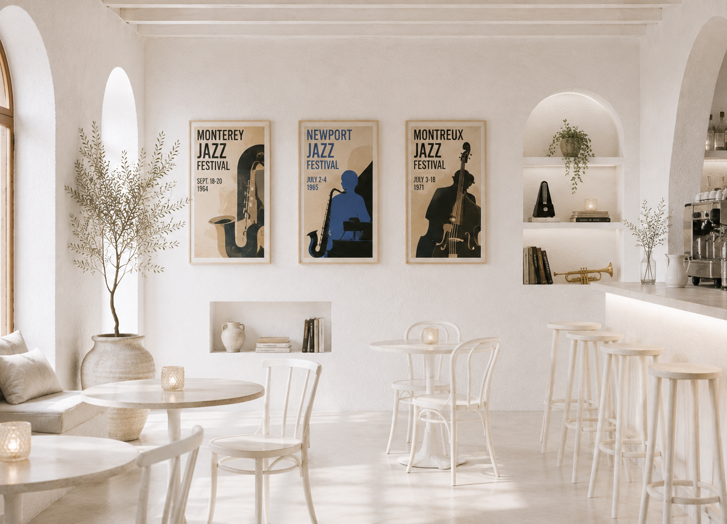 Bar de jazz de paredes blancas y estilo andaluz con carteles de festivales de jazz y un metrónomo.