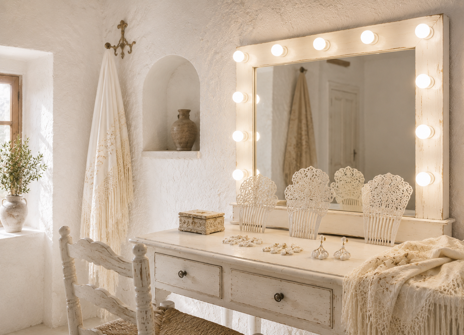 Tocador de camerino flamenco con peinetas blancas, pendientes de coral blanco y complementos de una bailaora en una estancia andaluza.