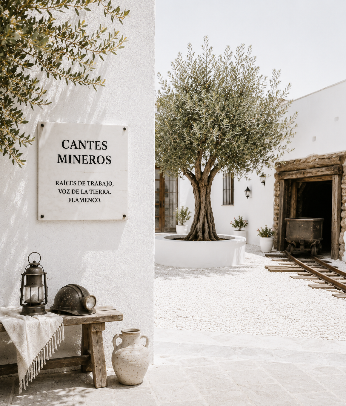 Patio andaluz de paredes blancas con una antigua entrada de mina, vagoneta sobre raíles y olivo central, evocando los cantes mineros de La Unión.