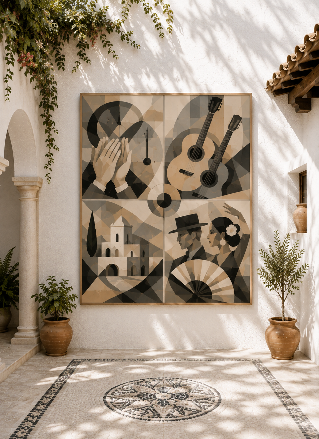 Patio andaluz blanco con una composición pictórica de estilo cubista inspirada en la clasificación de los palos del flamenco.