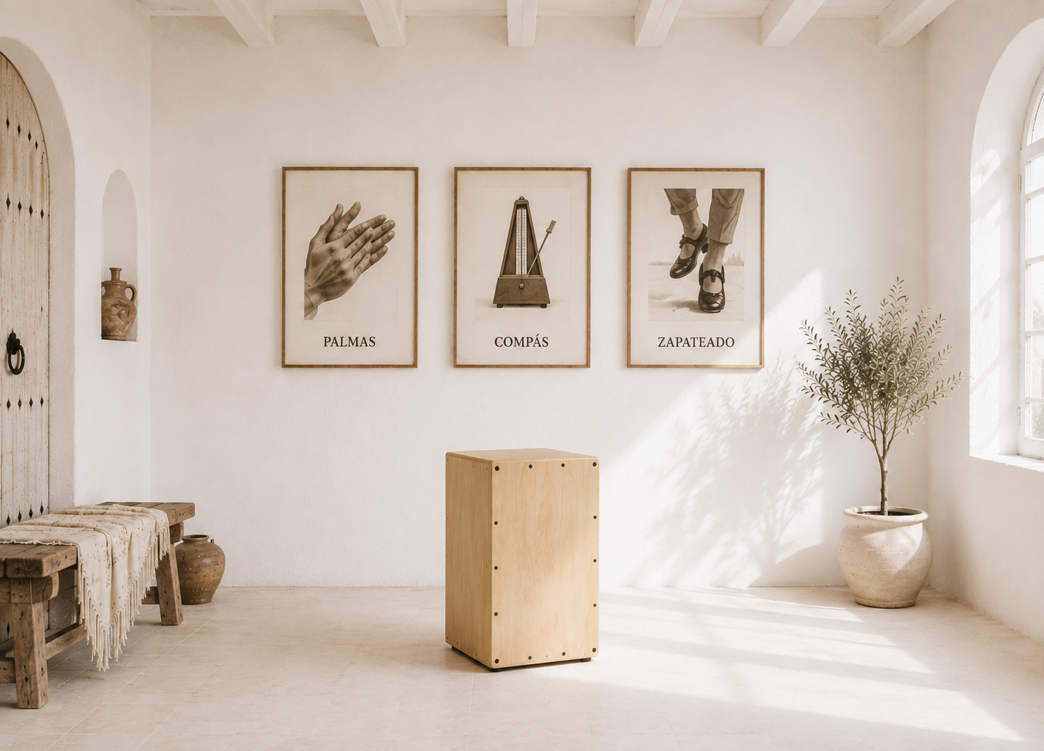 Estancia andaluza de paredes encaladas con un cajón flamenco de madera clara y tres láminas dedicadas a las palmas, el compás y el zapateado, en una composición minimalista.