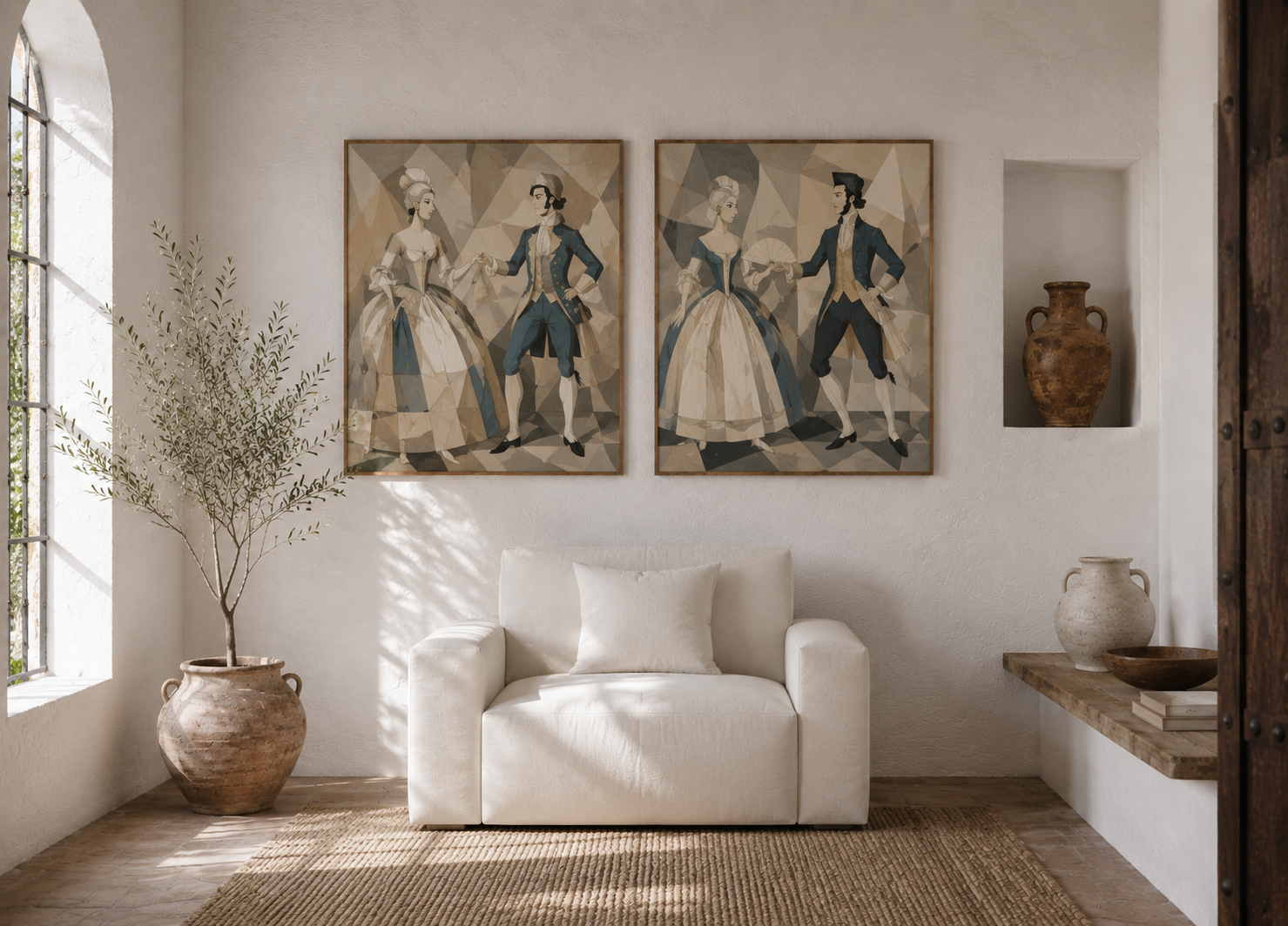 Habitación andaluza con sillón blanco y dos composiciones de estilo cubista inspiradas en las danzas cortesanas francesas del siglo XVII