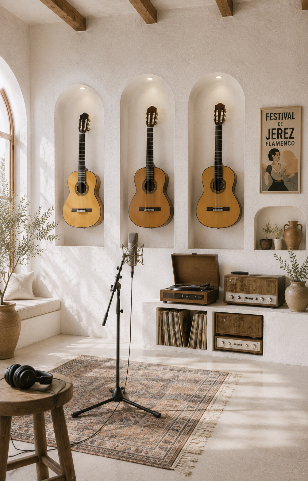Estudio de grabación de inspiración andaluza con tres guitarras flamencas, tocadiscos antiguo y equipo de sonido.