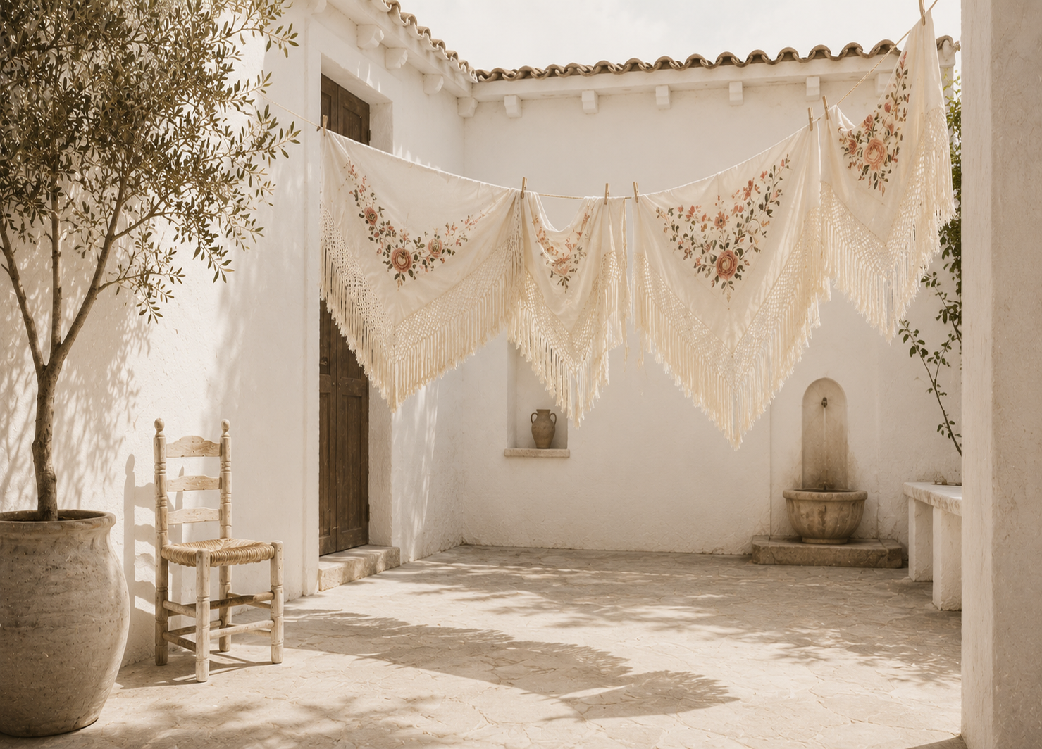 Patio andaluz blanco con mantones de Manila bordados colgados y una silla de enea junto a un olivo.