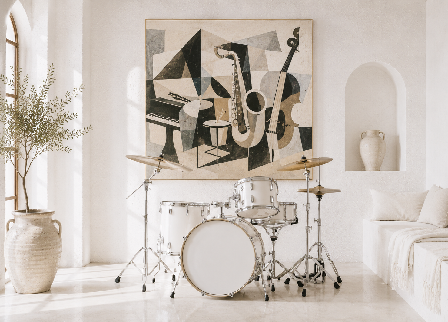 Batería de percusión blanca en una habitación andaluza junto a un cuadro de instrumentos de jazz.