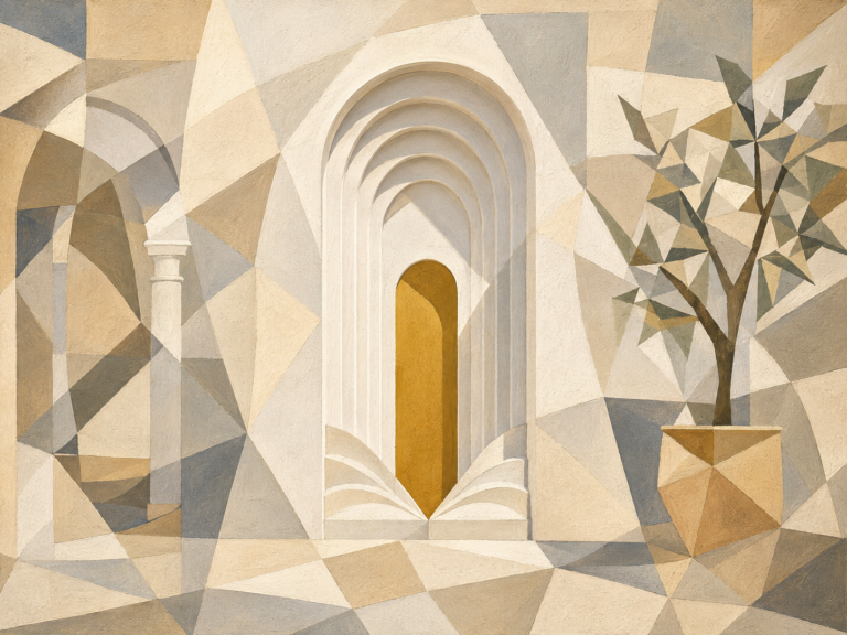 Representación cubista de una puerta andaluza blanca con formas geométricas y tonos claros.