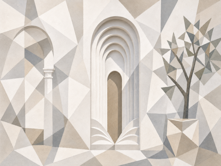 Representación cubista de una puerta andaluza blanca con formas geométricas y tonos claros.