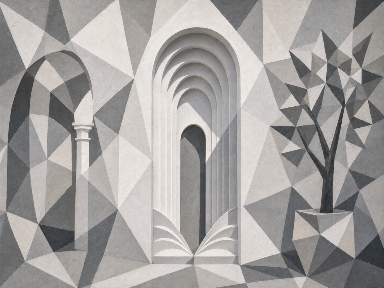 Representación cubista de una puerta andaluza blanca con formas geométricas y tonos claros.