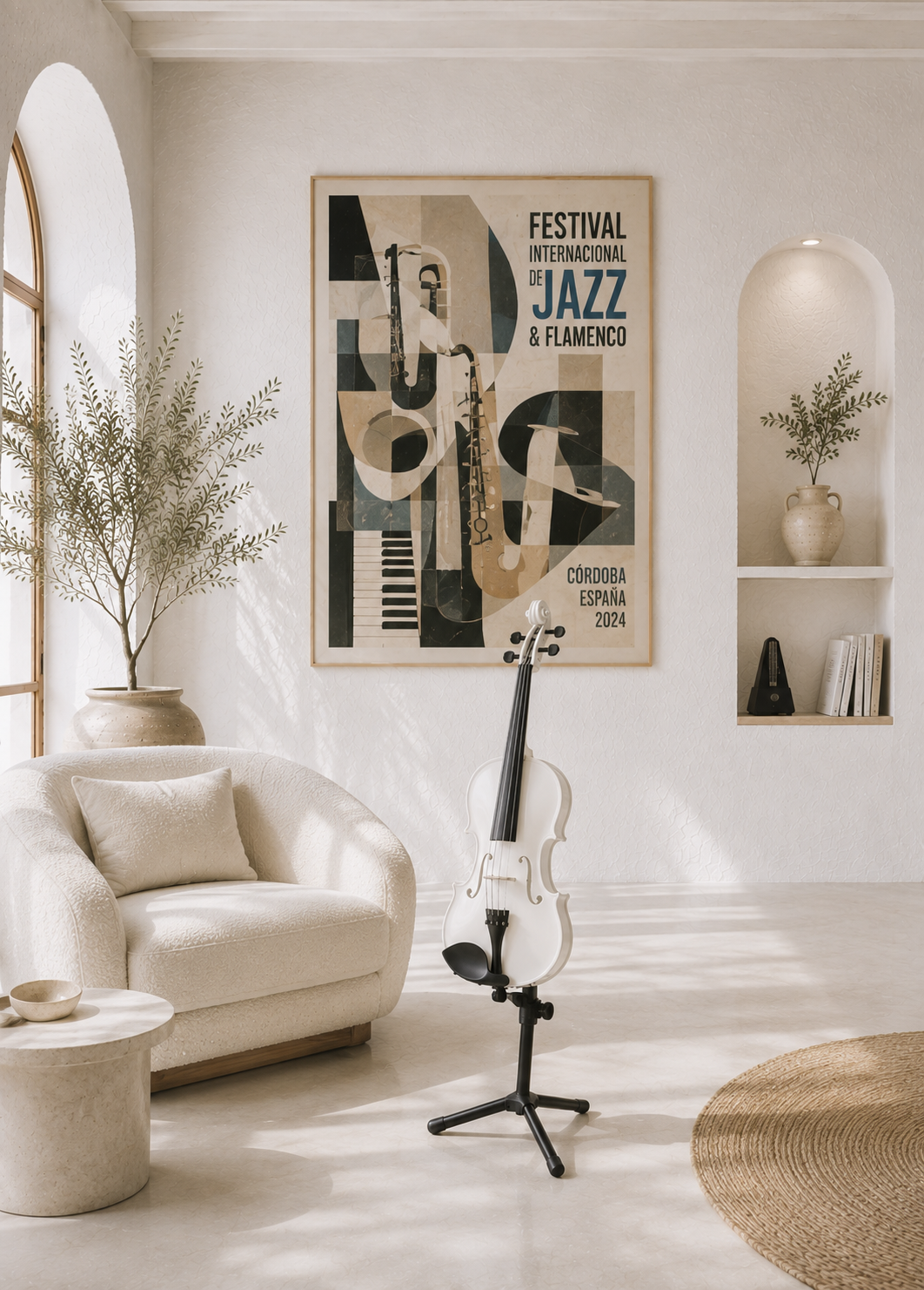 Violín blanco sobre un soporte en una habitación andaluza junto a un cartel de un festival de jazz y flamenco.